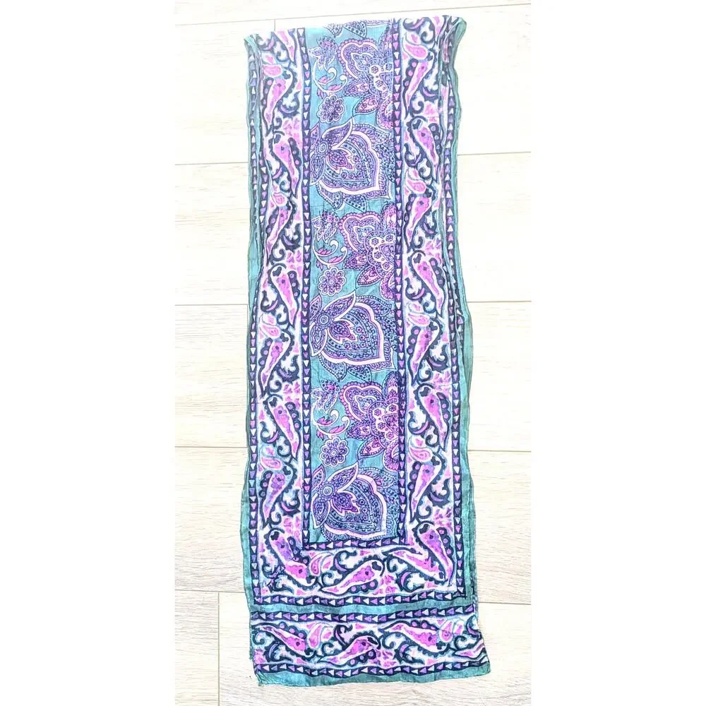 100% Silk Paisley Floral Scarf 10.5 x 60 inch VTG Purple Green Pink